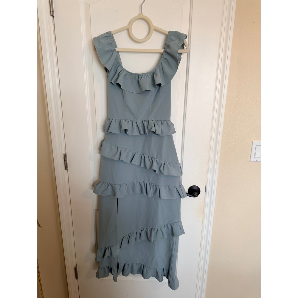 Show Me Your Mumu Greta Dress Women XS Sage-Blue Ruffle Tiered Maxi Slit - Picture 2 of 7